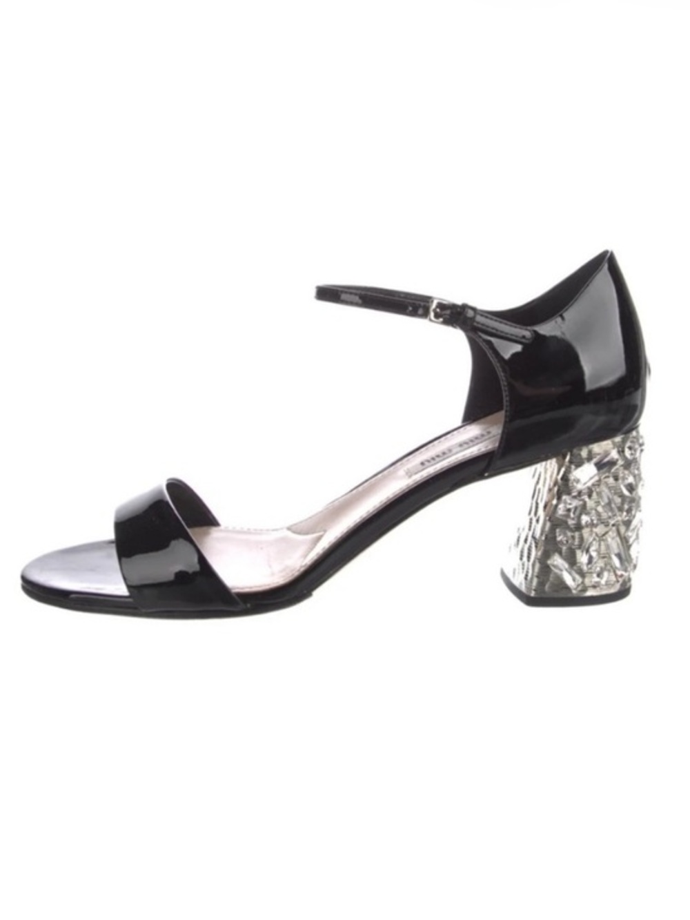 Miu Miu Black Patent Ankle-Strap Sandal with Crystal-Embellished Block Heel